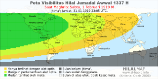 HilalMap: Peta Visibilitas Hilal Jumadal-Awwal 1337 H: rukyat tanggal 1919-2-1 M