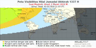 HilalMap: Peta Visibilitas Hilal Jumadal-Akhirah 1337 H: rukyat tanggal 1919-3-2 M