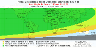 HilalMap: Peta Visibilitas Hilal Jumadal-Akhirah 1337 H: rukyat tanggal 1919-3-3 M
