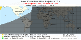 HilalMap: Peta Visibilitas Hilal Rajab 1337 H: rukyat tanggal 1919-3-31 M