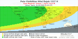 HilalMap: Peta Visibilitas Hilal Rajab 1337 H: rukyat tanggal 1919-4-1 M
