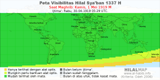 HilalMap: Peta Visibilitas Hilal Syaban 1337 H: rukyat tanggal 1919-5-1 M