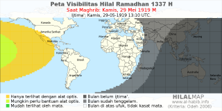HilalMap: Peta Visibilitas Hilal Ramadhan 1337 H: rukyat tanggal 1919-5-29 M