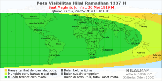 HilalMap: Peta Visibilitas Hilal Ramadhan 1337 H: rukyat tanggal 1919-5-30 M