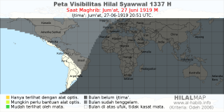 HilalMap: Peta Visibilitas Hilal Syawwal 1337 H: rukyat tanggal 1919-6-27 M