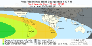 HilalMap: Peta Visibilitas Hilal Dzulqaidah 1337 H: rukyat tanggal 1919-7-27 M