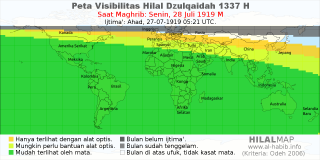 HilalMap: Peta Visibilitas Hilal Dzulqaidah 1337 H: rukyat tanggal 1919-7-28 M