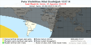 HilalMap: Peta Visibilitas Hilal Dzulhijjah 1337 H: rukyat tanggal 1919-8-25 M