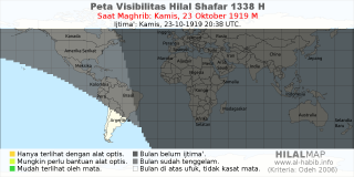 HilalMap: Peta Visibilitas Hilal Shafar 1338 H: rukyat tanggal 1919-10-23 M