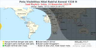 HilalMap: Peta Visibilitas Hilal Rabiul-Awwal 1338 H: rukyat tanggal 1919-11-22 M
