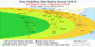 HilalMap: Peta Visibilitas Hilal Rabiul-Awwal 1338 H: rukyat tanggal 1919-11-23 M