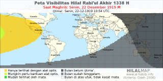 HilalMap: Peta Visibilitas Hilal Rabiul-Akhir 1338 H: rukyat tanggal 1919-12-22 M