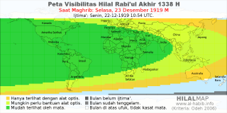 HilalMap: Peta Visibilitas Hilal Rabiul-Akhir 1338 H: rukyat tanggal 1919-12-23 M