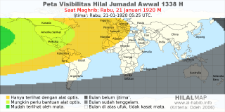 HilalMap: Peta Visibilitas Hilal Jumadal-Awwal 1338 H: rukyat tanggal 1920-1-21 M