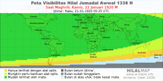 HilalMap: Peta Visibilitas Hilal Jumadal-Awwal 1338 H: rukyat tanggal 1920-1-22 M