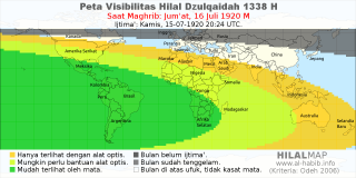 HilalMap: Peta Visibilitas Hilal Dzulqaidah 1338 H: rukyat tanggal 1920-7-16 M