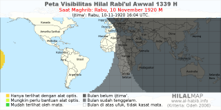 HilalMap: Peta Visibilitas Hilal Rabiul-Awwal 1339 H: rukyat tanggal 1920-11-10 M
