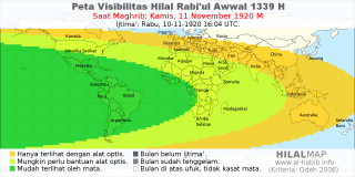HilalMap: Peta Visibilitas Hilal Rabiul-Awwal 1339 H: rukyat tanggal 1920-11-11 M