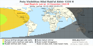 HilalMap: Peta Visibilitas Hilal Rabiul-Akhir 1339 H: rukyat tanggal 1920-12-10 M