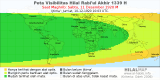 HilalMap: Peta Visibilitas Hilal Rabiul-Akhir 1339 H: rukyat tanggal 1920-12-11 M