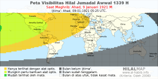 HilalMap: Peta Visibilitas Hilal Jumadal-Awwal 1339 H: rukyat tanggal 1921-1-9 M