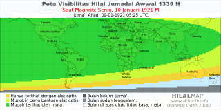 HilalMap: Peta Visibilitas Hilal Jumadal-Awwal 1339 H: rukyat tanggal 1921-1-10 M