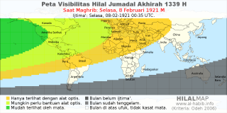 HilalMap: Peta Visibilitas Hilal Jumadal-Akhirah 1339 H: rukyat tanggal 1921-2-8 M