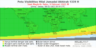 HilalMap: Peta Visibilitas Hilal Jumadal-Akhirah 1339 H: rukyat tanggal 1921-2-9 M