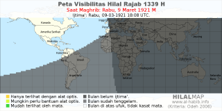 HilalMap: Peta Visibilitas Hilal Rajab 1339 H: rukyat tanggal 1921-3-9 M