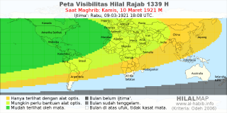 HilalMap: Peta Visibilitas Hilal Rajab 1339 H: rukyat tanggal 1921-3-10 M