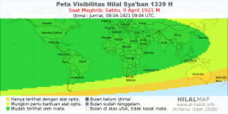 HilalMap: Peta Visibilitas Hilal Syaban 1339 H: rukyat tanggal 1921-4-9 M