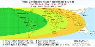 HilalMap: Peta Visibilitas Hilal Ramadhan 1339 H: rukyat tanggal 1921-5-8 M
