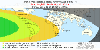 HilalMap: Peta Visibilitas Hilal Syawwal 1339 H: rukyat tanggal 1921-6-6 M