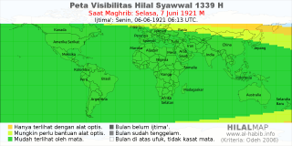 HilalMap: Peta Visibilitas Hilal Syawwal 1339 H: rukyat tanggal 1921-6-7 M