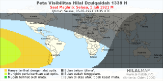 HilalMap: Peta Visibilitas Hilal Dzulqaidah 1339 H: rukyat tanggal 1921-7-5 M