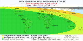 HilalMap: Peta Visibilitas Hilal Dzulqaidah 1339 H: rukyat tanggal 1921-7-6 M