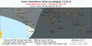 HilalMap: Peta Visibilitas Hilal Dzulhijjah 1339 H: rukyat tanggal 1921-8-3 M