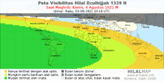 HilalMap: Peta Visibilitas Hilal Dzulhijjah 1339 H: rukyat tanggal 1921-8-4 M