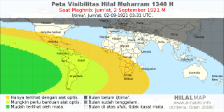 HilalMap: Peta Visibilitas Hilal Muharram 1340 H: rukyat tanggal 1921-9-2 M