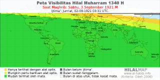 HilalMap: Peta Visibilitas Hilal Muharram 1340 H: rukyat tanggal 1921-9-3 M