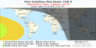 HilalMap: Peta Visibilitas Hilal Shafar 1340 H: rukyat tanggal 1921-10-1 M