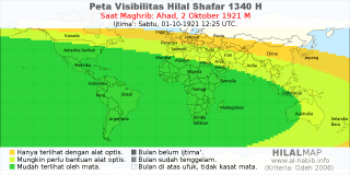HilalMap: Peta Visibilitas Hilal Shafar 1340 H: rukyat tanggal 1921-10-2 M