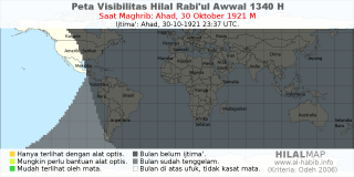 HilalMap: Peta Visibilitas Hilal Rabiul-Awwal 1340 H: rukyat tanggal 1921-10-30 M