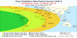 HilalMap: Peta Visibilitas Hilal Rabiul-Awwal 1340 H: rukyat tanggal 1921-10-31 M