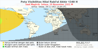 HilalMap: Peta Visibilitas Hilal Rabiul-Akhir 1340 H: rukyat tanggal 1921-11-29 M