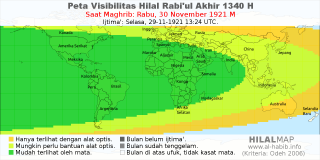 HilalMap: Peta Visibilitas Hilal Rabiul-Akhir 1340 H: rukyat tanggal 1921-11-30 M