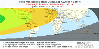 HilalMap: Peta Visibilitas Hilal Jumadal-Awwal 1340 H: rukyat tanggal 1921-12-29 M