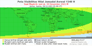 HilalMap: Peta Visibilitas Hilal Jumadal-Awwal 1340 H: rukyat tanggal 1921-12-30 M