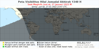 HilalMap: Peta Visibilitas Hilal Jumadal-Akhirah 1340 H: rukyat tanggal 1922-1-27 M