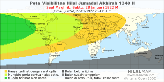 HilalMap: Peta Visibilitas Hilal Jumadal-Akhirah 1340 H: rukyat tanggal 1922-1-28 M